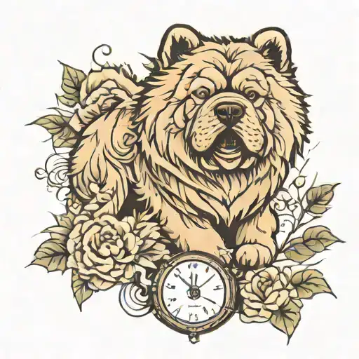 chow chow dog with forest and time background black tattoo design idea