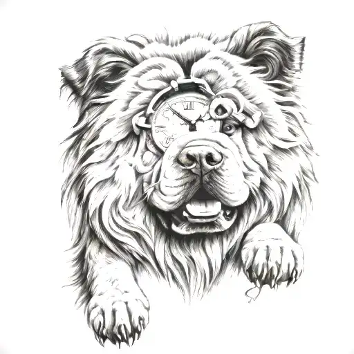 chow chow dog with forest and clock background black tattoo design idea