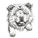 chow chow dog with forest and clock background black tattoo design idea