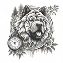 chow chow dog with forest and clock background black tattoo design idea