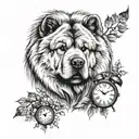 chow chow dog with forest and clock background black tattoo design idea