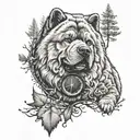 chow chow dog with forest and clock background black tattoo design idea