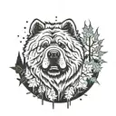 chow chow dog with forest and time background black tattoo design idea