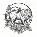 chow chow dog with forest and time background black tattoo design idea