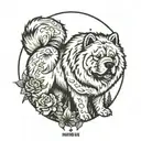 chow chow dog with forest and time background black tattoo design idea
