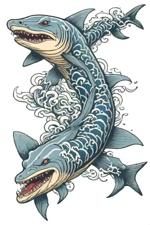 hammerhead shark Japanese waves inside tattoo design idea