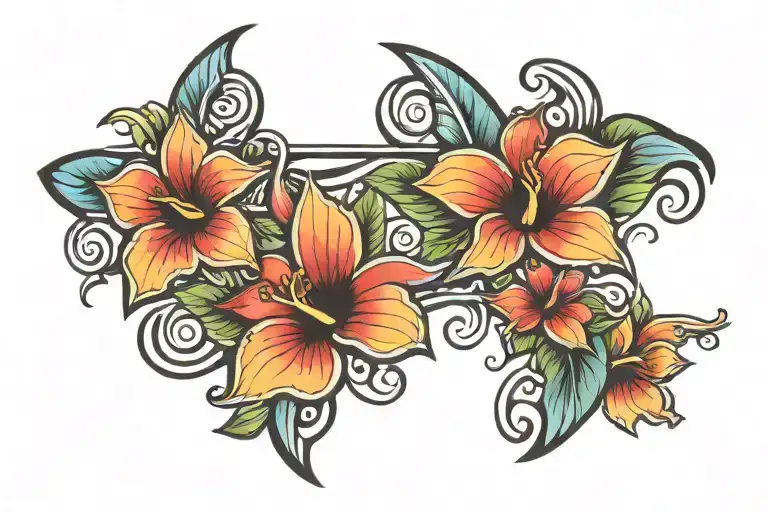 anklet tattoo tribal with waves and a fin and hibiscus  tattoo design idea
