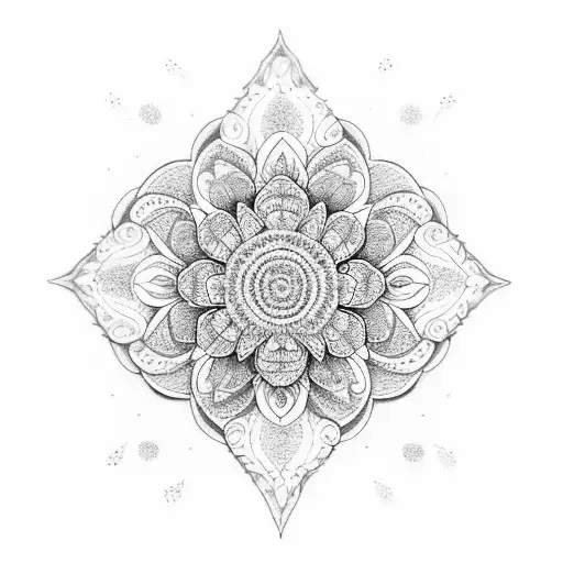 A mandala featuring various types of flowers in a dotwork style tattoo design idea