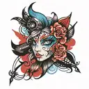 trash polka style blue eyes paradox tattoo design idea