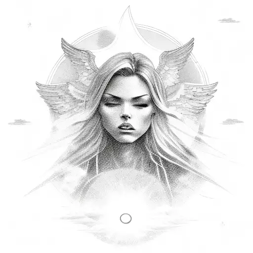 Angelic silhouette with sun rays radiating from behind and clouds below tattoo design idea