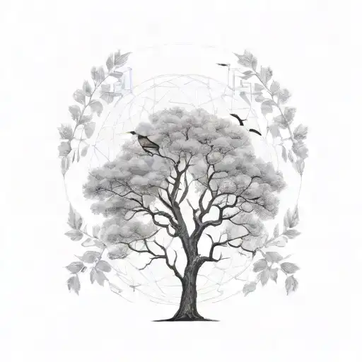 Elm Tree with a bird and a rcok tattoo design idea