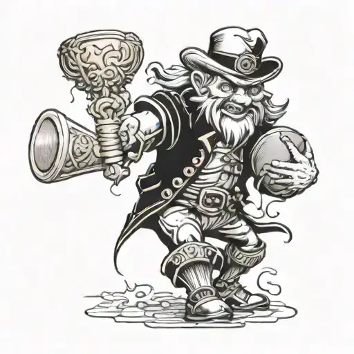 A blackwork tattoo of a fierce fighting leprechaun, the mascot of Notre Dame, holding a college football trophy tattoo design idea