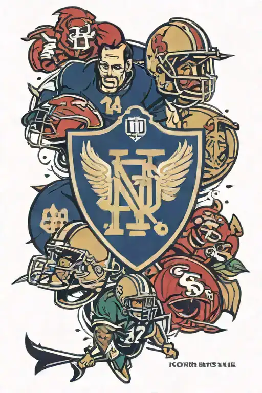 A minimalist design featuring the logos of Notre Dame football, Manchester United, and the San Francisco 49ers subtly integrated into a cohesive composition tattoo design idea