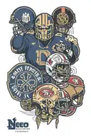 A minimalist design featuring the logos of Notre Dame football, Manchester United, and the San Francisco 49ers subtly integrated into a cohesive composition tattoo design idea