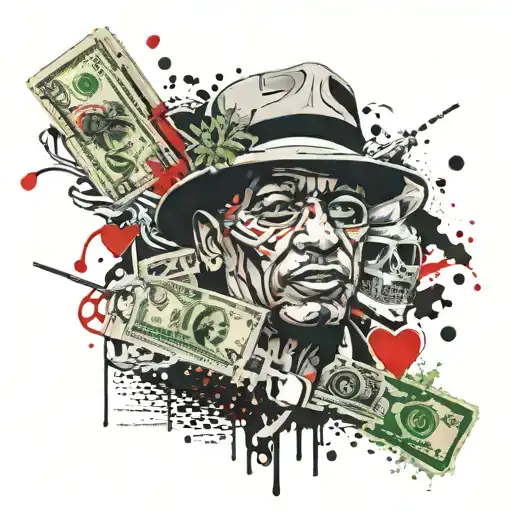 Gangster, money, cocaine, dollar, weed, tattoo design, black and white tattoo design idea
