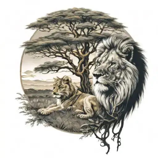 lion and wolf under a african tree tattoo design idea