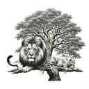 lion and wolf under a african tree tattoo design idea