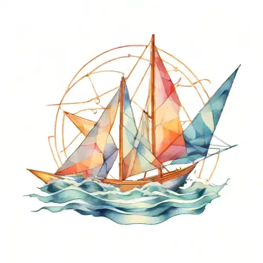 A geometric origami crane sailboat on rough seas tattoo design idea