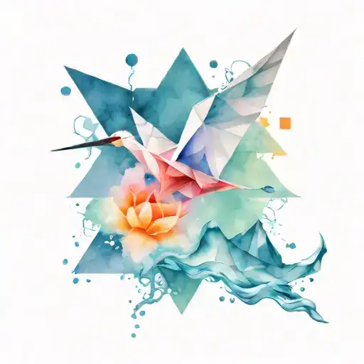 A geometric origami crane sailing on rough seas tattoo design idea