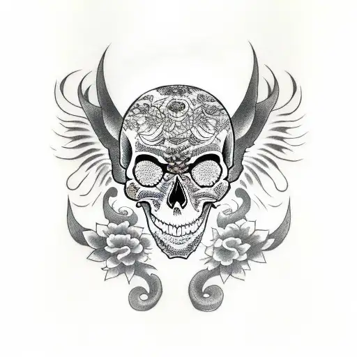 Skull and devil tattoo design idea