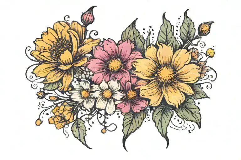 cosmos and marigold flower tattoo design idea