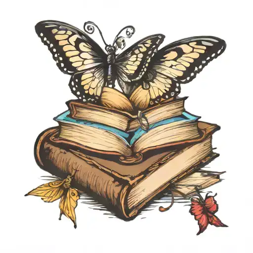 open book on a pile of books with a fairy and butterflies  tattoo design idea