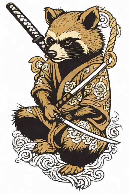 angry tanuki sitting katana tattoo design idea
