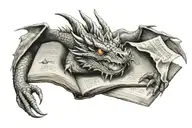 dragon sleeping one eye open book surrounded tattoo design idea