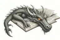 dragon sleeping one eye open book surrounded tattoo design idea