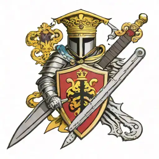templar knighht holding sword with a family crest with the word Jacques as the family name tattoo design idea