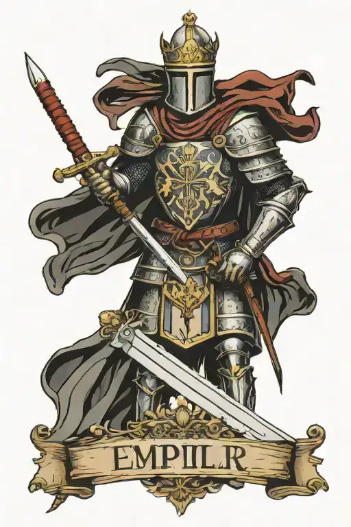 templar knighht holding sword with a family crest with the word Jacques as the family name tattoo design idea