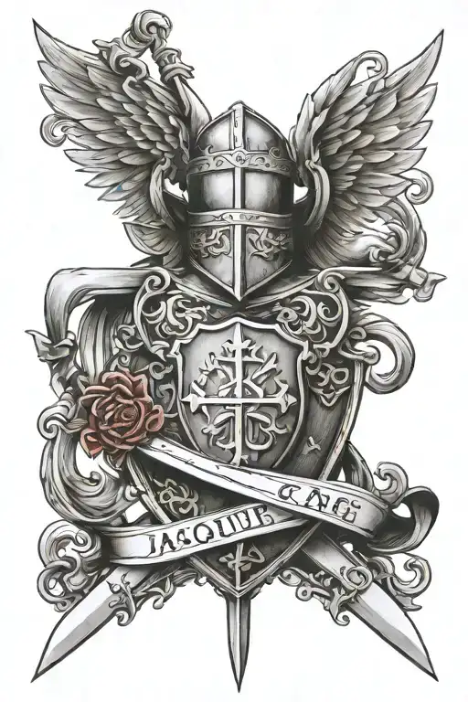 templar knight holding a sword with a family crest with the word Jacques as the family name tattoo design idea