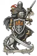 templar knighht holding sword with a family crest with the word Jacques as the family name tattoo design idea