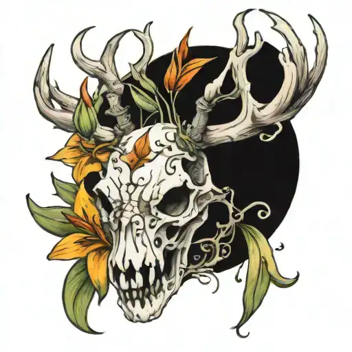 deer skull with tiger lilies and other kinds of lillies tattoo design idea