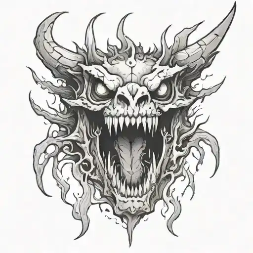 A front facing dragon skull blood dripping from its teeth tattoo design idea