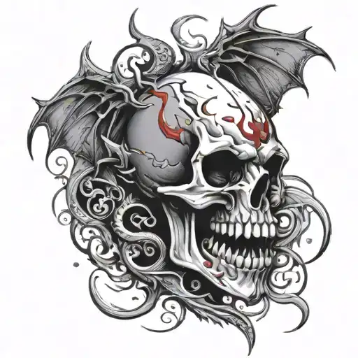 A skull with dragon wings and blood dripping from its teeth tattoo design idea