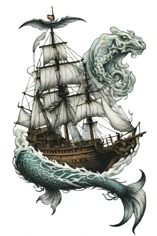 something linked to the sea with waves, an old boat sailing and a mermaid tattoo design idea