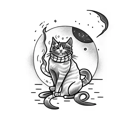 Tarot card cats dancing on bonfire with full moon tattoo design idea