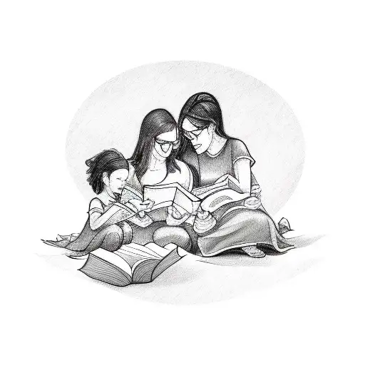 A sketch-style tattoo of a mother reading a bedtime story to her children tattoo design idea