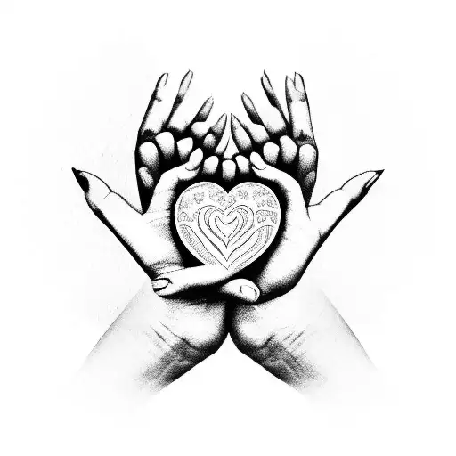An intricate design of a mother's hands holding a heart with her children's names inside tattoo design idea