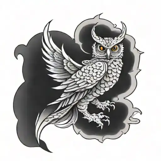 A traditional Japanese dragon wrapping around a family crest with an owl perched on top, blending Japanese art and love for owls tattoo design idea
