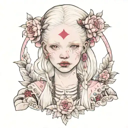 albino girl with pink eyes in peasant clothes tattoo design idea