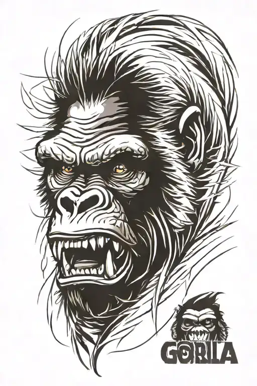 Portrait of raging gorilla from front mouth fullyopen. Gaizing angry straight forward. Thin lines. tribal black and grey tattoo design idea