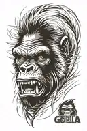 Portrait of raging gorilla from front mouth fullyopen. Gaizing angry straight forward. Thin lines. tribal black and grey tattoo design idea