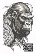 Portrait of raging gorilla from front mouth fullyopen. Gaizing angry straight forward. Thin lines. tribal black and grey tattoo design idea