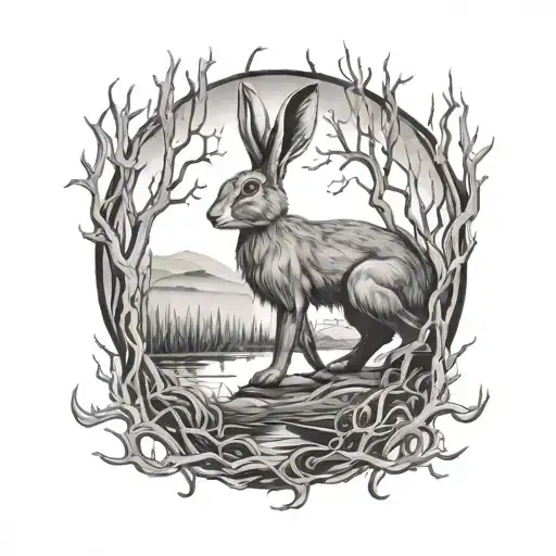 hare in the marsh scenery tattoo featuring dead tree with creeping vines tattoo design idea