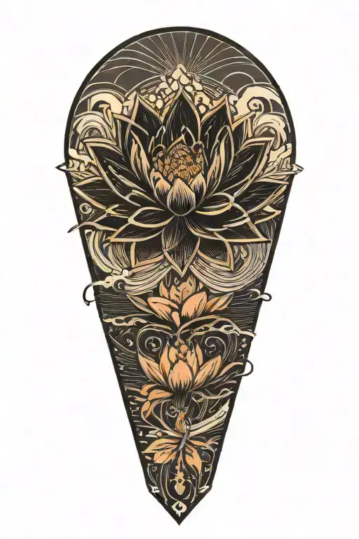 Black lotus flower, geometric, falling, heavy black clouds, curvature, floating on water,  rain  tattoo design idea