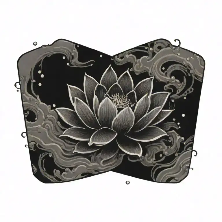 Black lotus flower, geometric, falling, heavy black clouds, curvature, floating on water,  rain  tattoo design idea