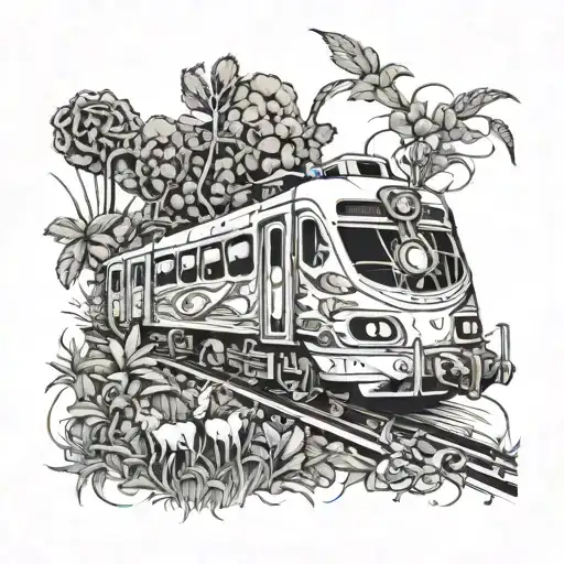 A surrealistic design featuring a train made of intertwining weed plants, with animals grazing in the background tattoo design idea