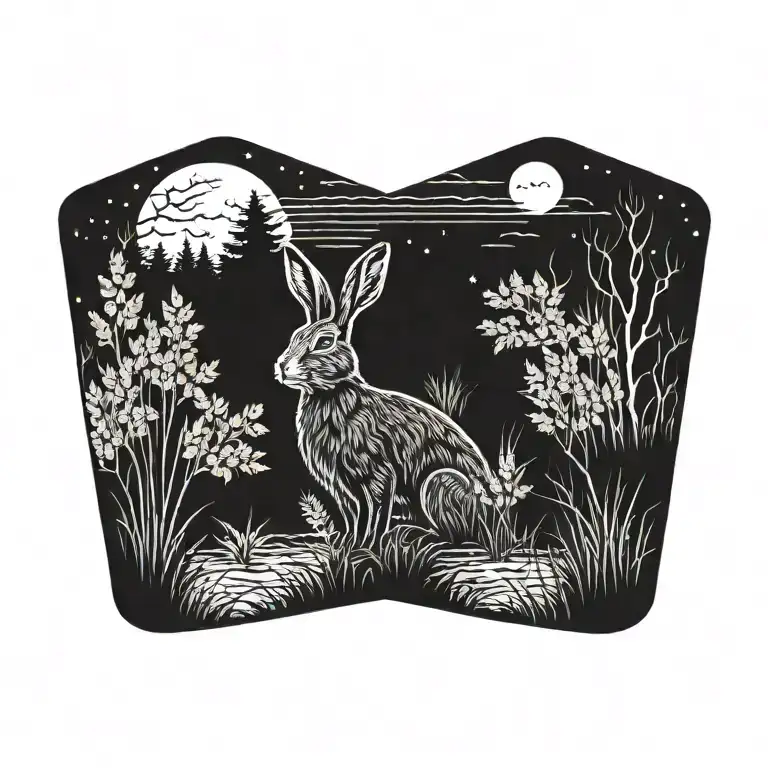 dead hare in the tall swamp marsh grass scenery tattoo featuring dead trees in front of a black night sky  tattoo design idea